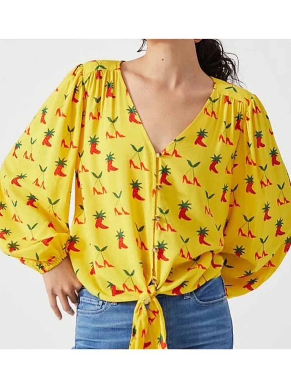 NWT Anthropologie Kendra Dandy Graphic Boot Print Button Down Blouse Yellow 12